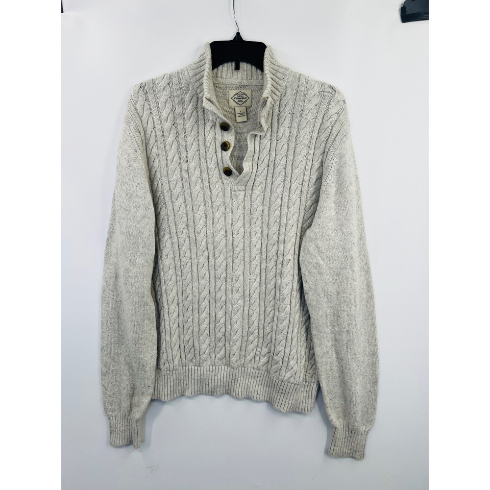 St. John's Bay Coastal Cable Knit Sweater Men L Oatmeal Mock Neck Button Preppy